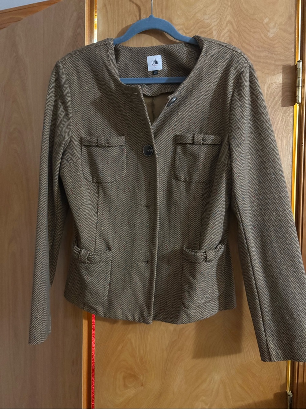 CAbi Tan Herringbone Collarless Blazer Jacket